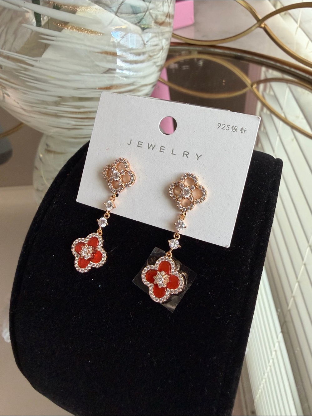 Silver plated elegant Red Orange Clover Drop Earrings -